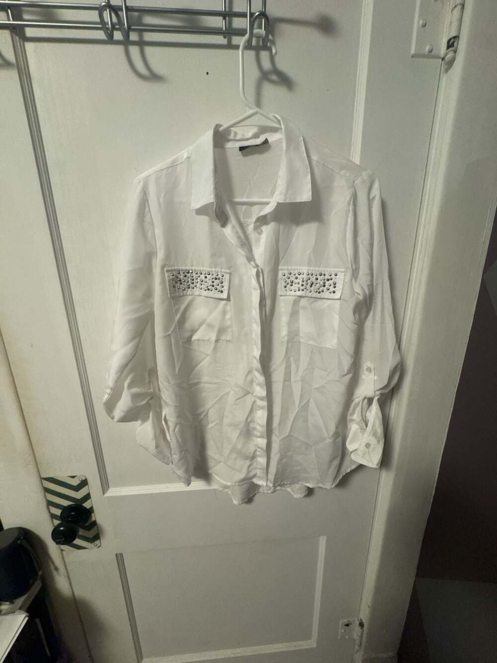 Jordache Women's White Long Sleeve Button-Up Shirt with Rhinestone Pocket Detail